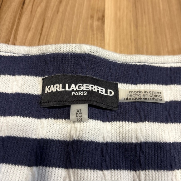 Karl Lagerfeld Paris White Navy Blue Striped stretch knit blouse Size XL - Picture 5 of 8